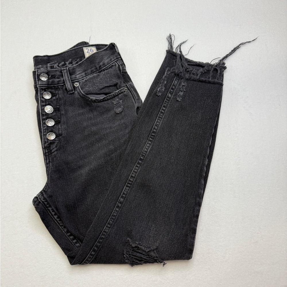 We The Free Black Straight Leg Jeans with Frayed Hem